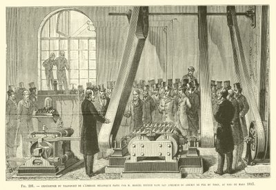 Experiment van mechanische energieoverdracht door M. Marcel Deprez in de werkplaatsen door French School